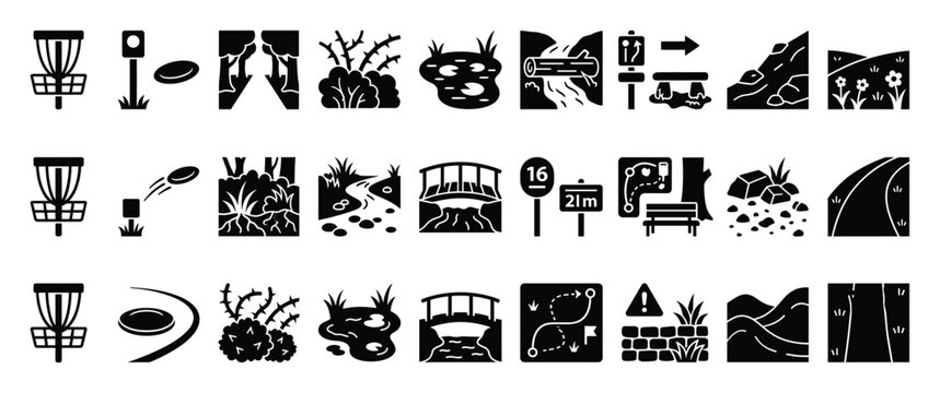 Set of Disc Golf Icons. Outdoor Recreation Symbols, Course Elements, Nature Trail Signs. Sport Navigation Pictograms.