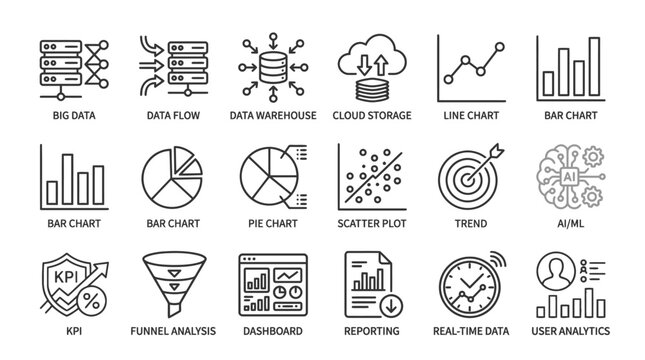 Data analysis icons set including charts graphs and AI concepts for business intelligence and reporting isolated on white background.