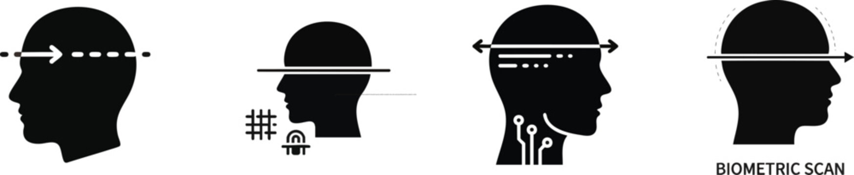 Head silhouette with scanning line icon, black glyph vector set symbol for biometric person profile recognition, face side scanning anthropometry isolated on white
