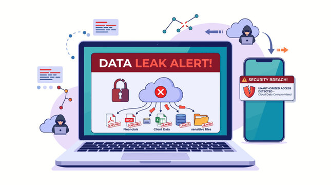 Laptop and smartphone show a data leak alert banner with a red padlock and floating broken cloud icons representing a failure in secure file storage and corporate information integrity.