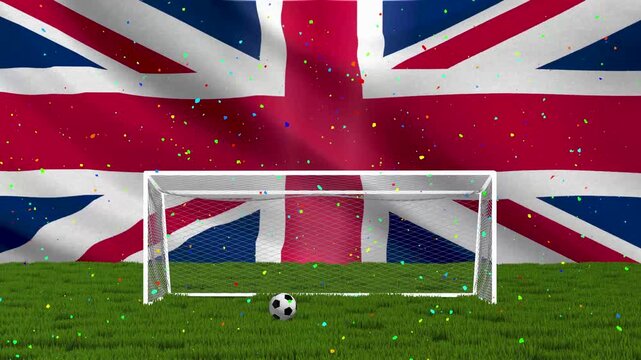 Football goal animation set in an English environment with a British flag backdrop