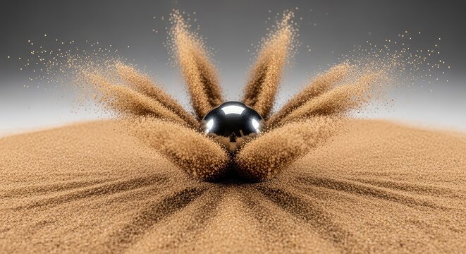 A high-speed capture of a polished metallic sphere colliding with fine sand, creating a dynamic burst of grains against a neutral gray backdrop, explosion, abstract, impact