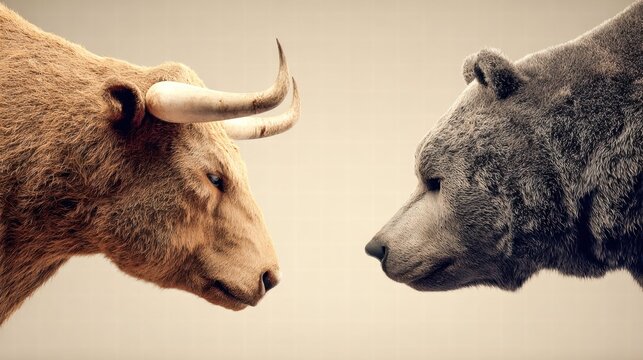 Bull and bear face each other, symbolizing the stock market and investment opportunities.
