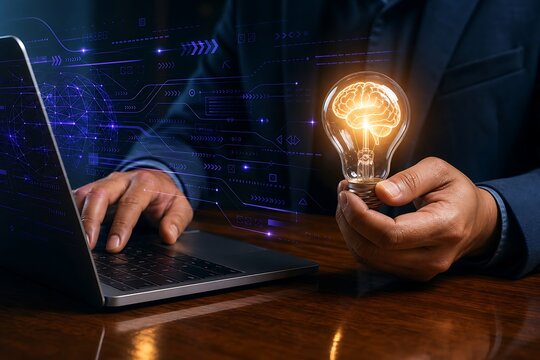 Businessman holds a lightbulb with a brain inside, symbolizing innovation and new ideas while working on his laptop.