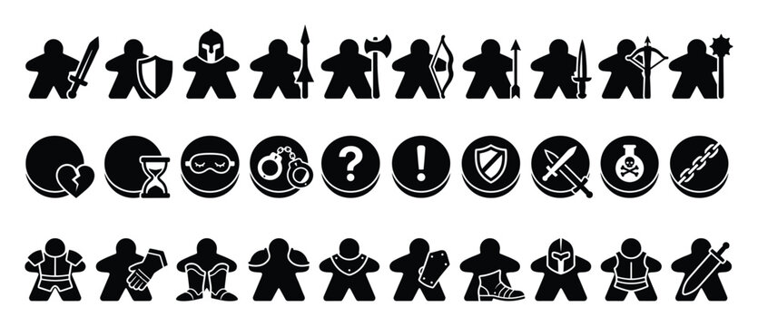 Set of game icons. Board game player tokens, RPG characters, adventure symbols. Weapons, armor, status effect pictograms, monochrome vector.