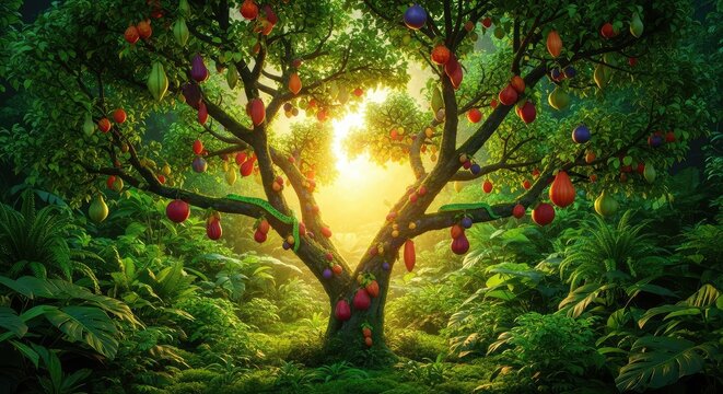 A lush primeval paradise featuring a central fruit tree with glowing light, dense green foliage, and a subtle snake amidst the branches, lush, botanical, knowledge