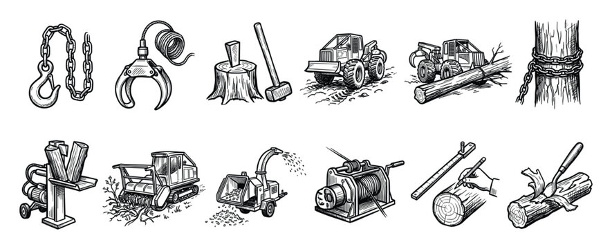 Lumberjack tools and forestry equipment sketch set. Handdrawn logging instruments, wood processing machinery, timber industry symbols line art.