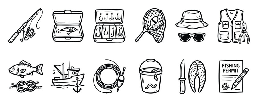 Set of fishing icons. Angler equipment, tackle, supplies, tools, fish, boat, permit, and accessories. Hand drawn line art symbols for outdoor recreation.