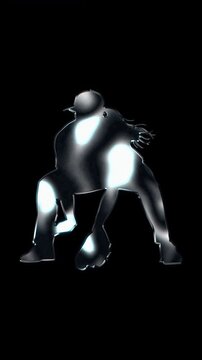 Silver metallic female baseball fielder catching ball silhouette. Alpha channel. Seamless loop video.