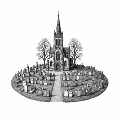 Obraz premium Isolated graveyard with gothic church illustration isolated on white background