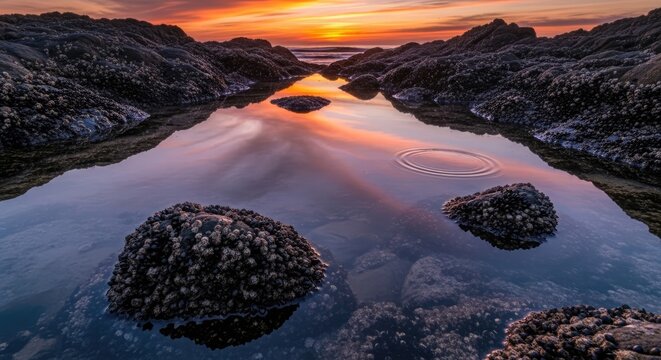 Sunset reflection in rocky tide pools on the ocean shore
