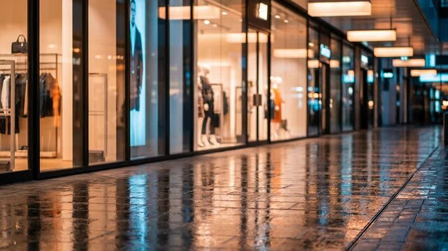 A spacious supermarket aisle with diverse goods concept. Empty modern shopping mall corridor with shiny wet floor and illuminated store windows at night