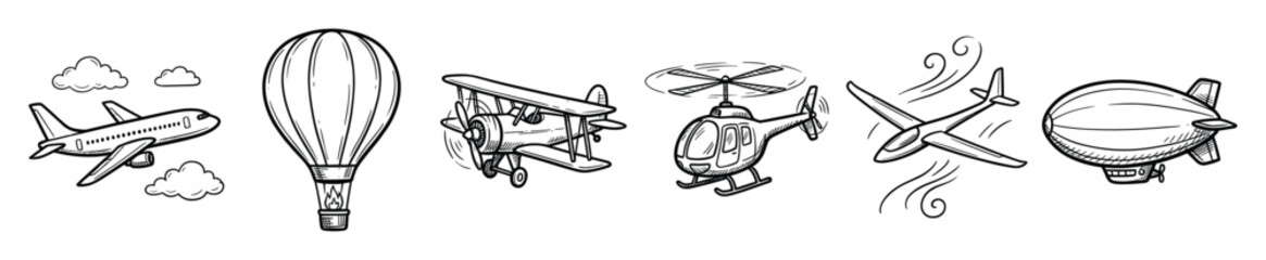 Naklejka premium Set of air transport vehicles sketch icons. Hand drawn airplanes, hot air balloon, helicopter, biplane, blimp, glider symbols. Aviation travel line art collection.