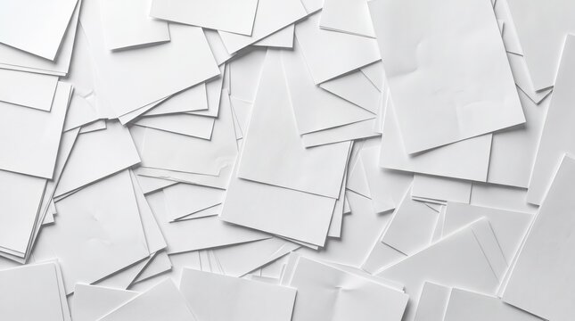 A chaotic pile of blank white paper sheets arranged in an abstract overlapping pattern with soft natural lighting creating subtle shadows for a clean background