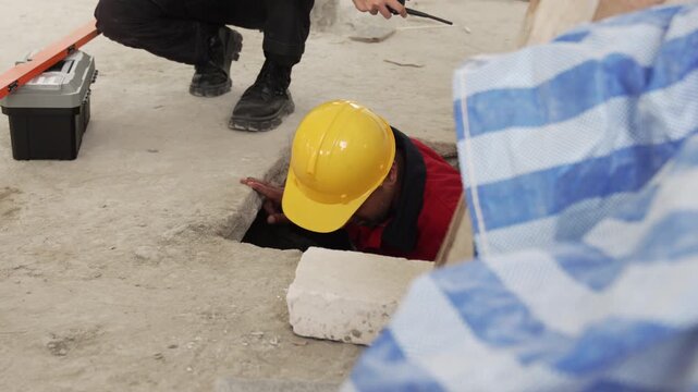 Two construction workers wearing safety helmets discussing renovation progress and reviewing plans inside unfinished building interior.