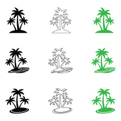 Palm Tree Island Icon Set, Vector Tropical Beach Symbols for Summer Vacation, Travel Branding and Nature Graphic Design © NarayonChandro