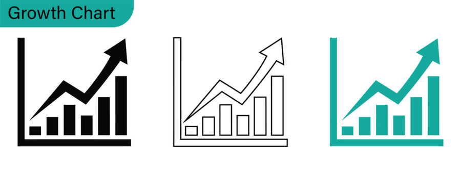 Business Growth Chart Icons Set, Vector Bar Graph with Upward Arrow for Financial Success, Profit Analysis and Marketing Infographic