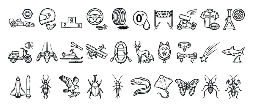 Set of diverse vector icons. Racing, transport, animals, space, sport, travel, insect, fish, vehicle symbol collection. Outline pictograms for web and print.
