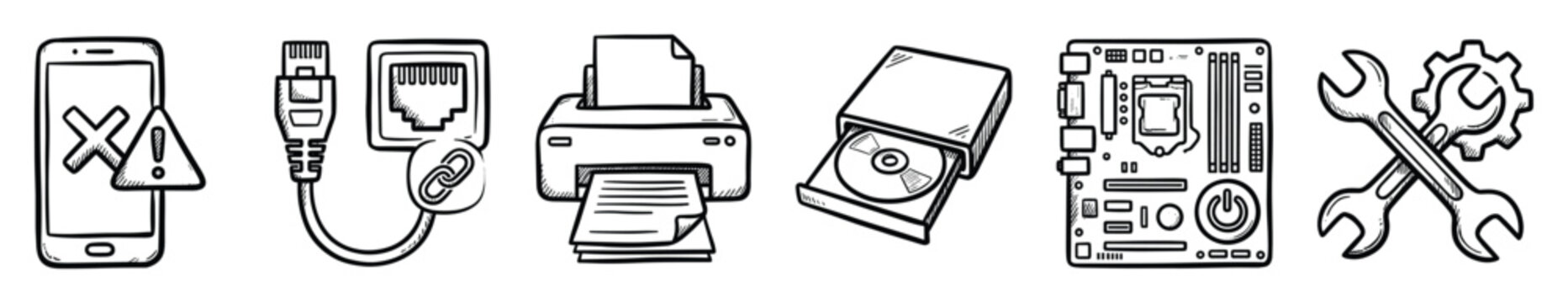 Set of technology icons. Computer hardware, electronic repair, mobile device error, printer, network, motherboard, optical drive symbols. Hand drawn outline sketch for web and app.