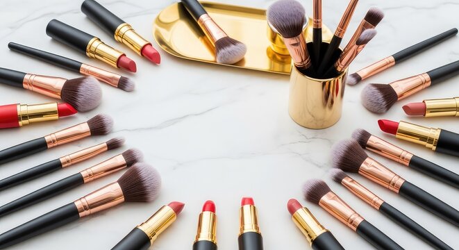 A collection of soft professional makeup brushes and vibrant lipsticks arranged on a clean marble surface with elegant gold accents, creative, objects, still life