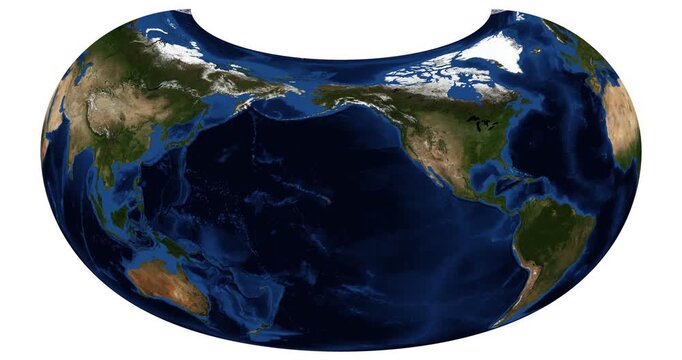 World Map in Armadillo Projection. Animated longitude shift rotation. High-detail physical Earth map. June View. Elements of this video furnished by NASA.