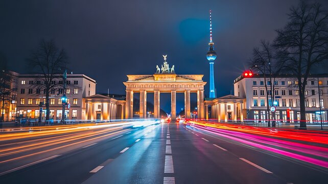 Brandenburg gate at night with light trails in berlin germany urban cityscape
