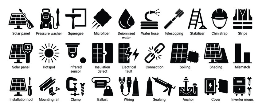 Set of solar panel icons. Photovoltaic installation tools, maintenance equipment, common defects, safety gear symbols. Renewable energy system problems, solutions.