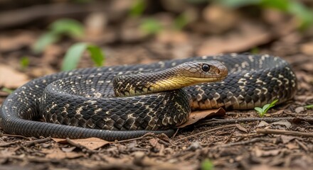 Obraz premium A coiled snake with intricate patterns on its scales rests on the forest floor.