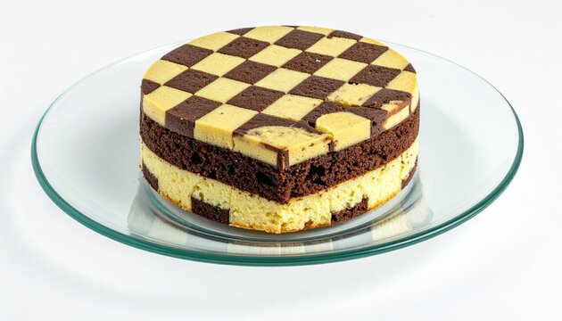 A delicious checkerboard cake with alternating chocolate and vanilla layers, showcasing a freshly cut slice on a glass plate