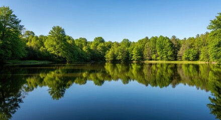 Fototapeta premium Tranquil lake surrounded by green forest with mirror reflection