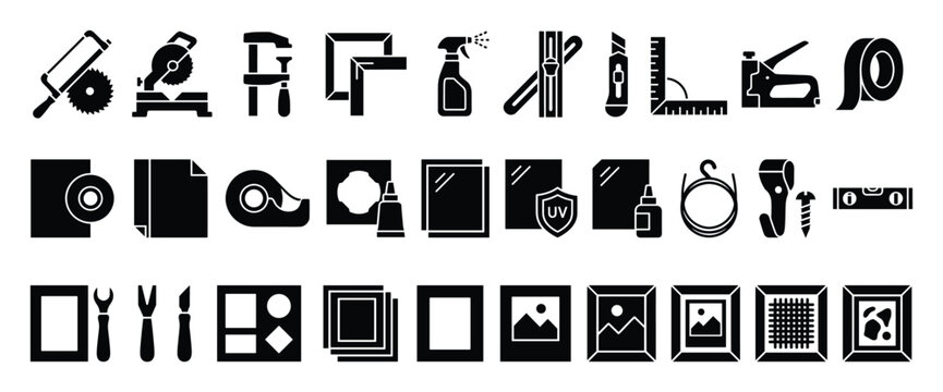 Set of picture framing icons. Workshop tools, crafting supplies, art framing equipment, DIY materials, gallery solid glyph symbols.