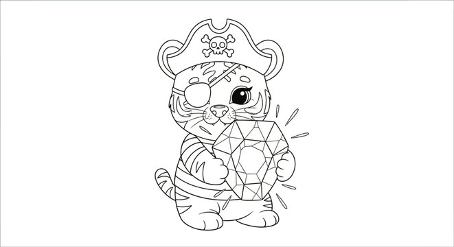 Cute cartoon tiger pirate with eye patch, bandana, and treasure, ready for coloring, isolated on white background