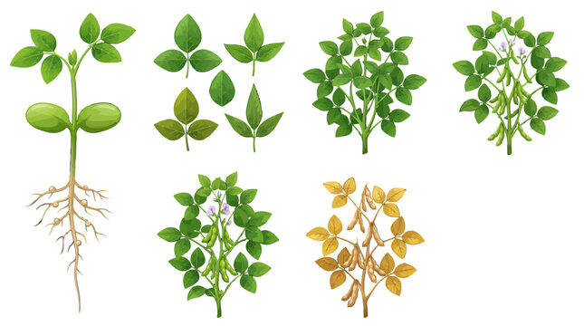 Soybean plant growth stages and leaves illustrations