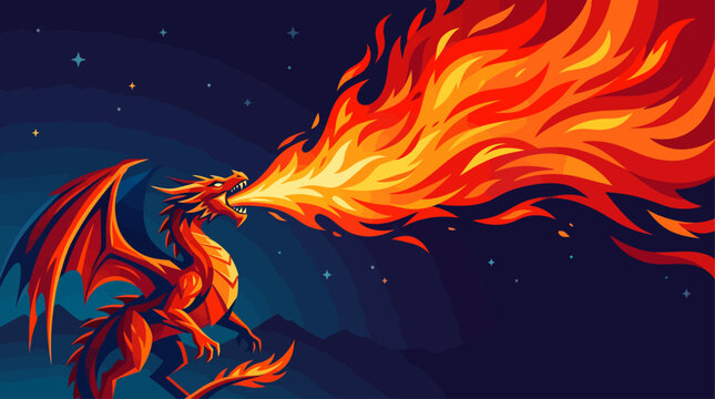 Vibrant illustration of a majestic red dragon breathing a powerful stream of fiery flames against a dark, starry night sky.