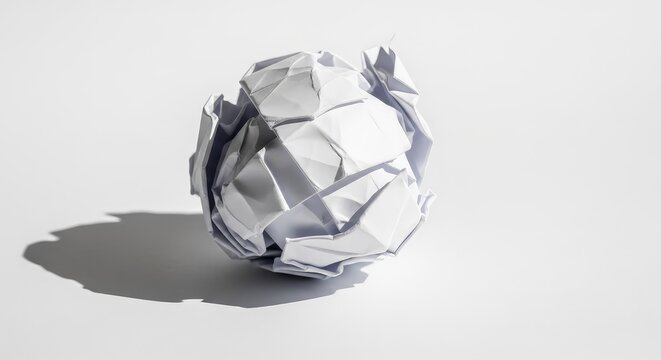 A single crumpled ball of white bond paper lies isolated on a clean white surface with soft shadows highlighting the intricate textures, scrap, idea, shadow