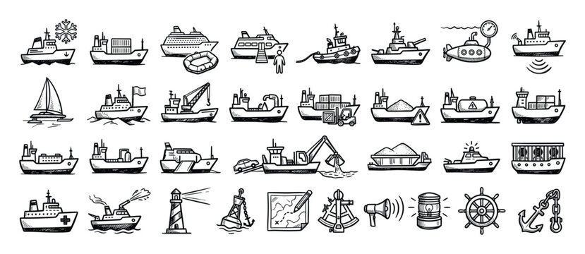 Set of shipping icons. Sea transport, maritime logistics, cargo ships, passenger boats, naval vessels. Navigation symbols, port elements, ocean line art.