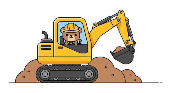 Cute cartoon bear wearing a hard hat driving a yellow excavator on a construction site with dirt mounds
