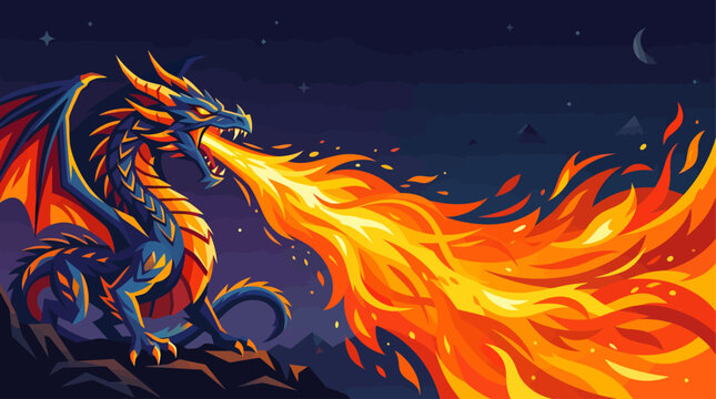 A powerful blue dragon with vibrant orange wings breathing a long stream of fiery flames against a dark night sky with stars and a crescent moon.