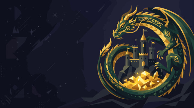A majestic green and gold dragon coils protectively around a dark fantasy castle and a glittering hoard of gold treasure.