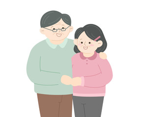 Fototapeta premium 귀여운 노부부 일러스트 할아버지 할머니 부부 다정한 황혼 부모님 파스텔톤 실버 캐릭터 플랫 벡터 디자인 소스
