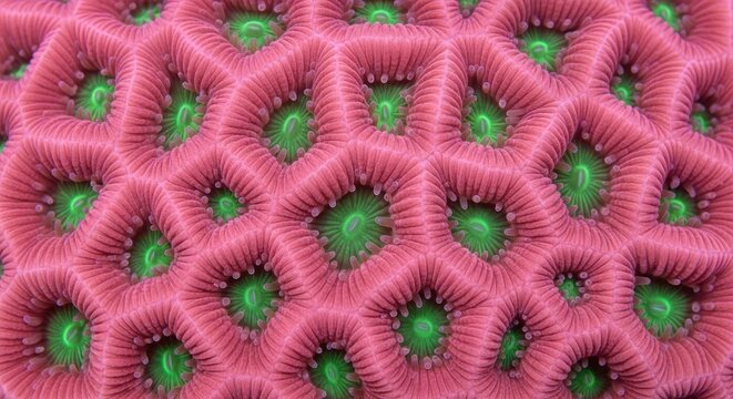 Pink and green brain coral polyps on a tropical reef