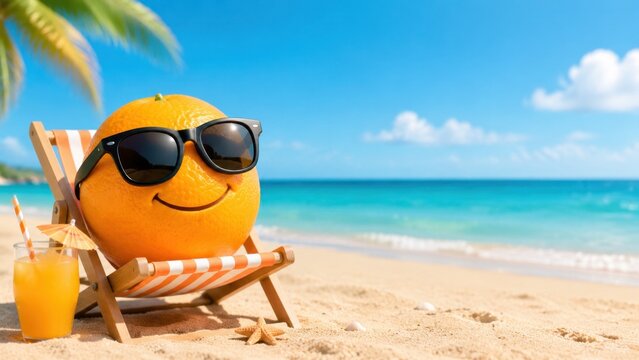 Orange wearing sunglasses relaxing on tropical beach chair