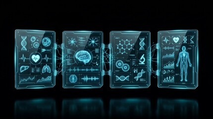 Futuristic transparent medical ui panel displaying human anatomy and biological data analytics with glowing cyan neon digital graphics on a dark black background © It's for you 