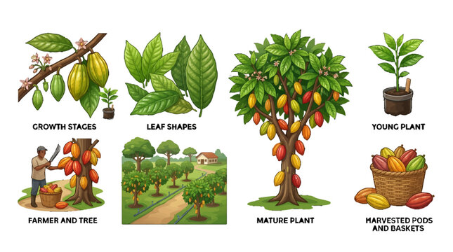 Cocoa tree growth stages and cultivation process infographic