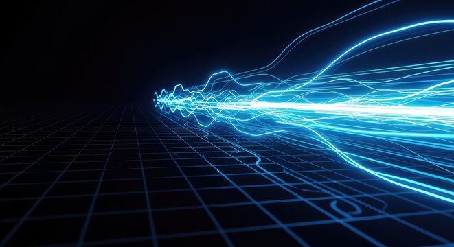 Abstract high speed data transfer background featuring glowing blue light trails, digital connections, and fast motion across a dark grid, fiber, virtual, flux