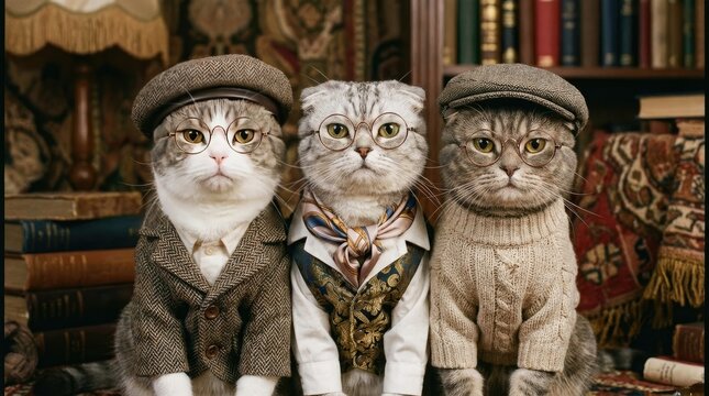 Fluffy rich cats in sunglasses and chains riding luxury open car concept. Three stylish cats dressed in vintage attire pose for the camera.