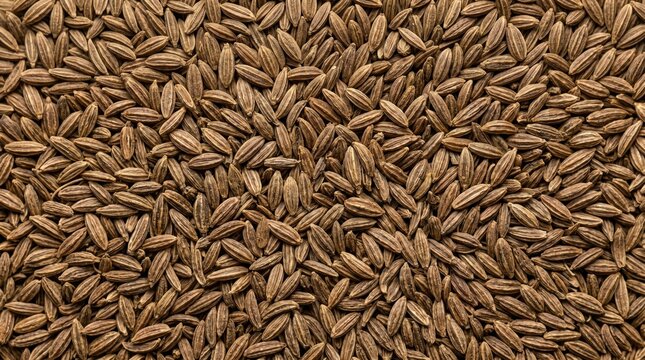 A detailed close up texture of dried cumin seeds arranged in a uniform pattern to showcase natural culinary ingredients for cooking and healthy organic nutrition