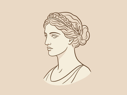 Minimalist line art illustration of ancient greek goddess statue bust, female sculpture face on a warm beige background