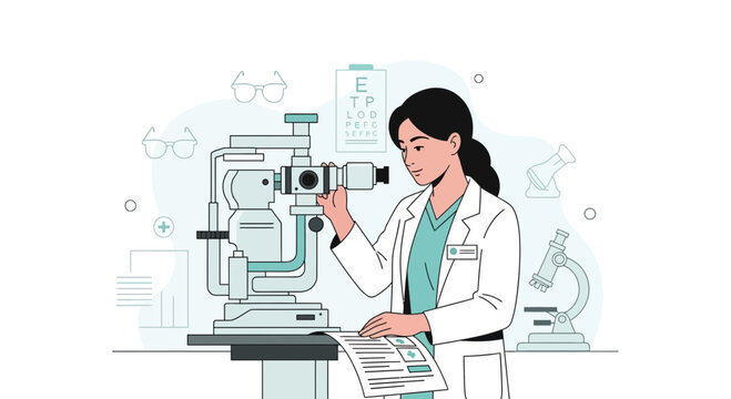 Optometrist examining patient's eye with slit lamp microscope, eye chart