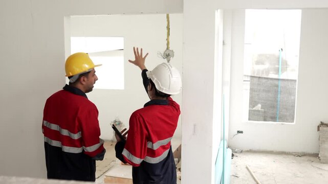 Two construction workers wearing safety helmets discussing renovation progress and reviewing plans inside unfinished building interior.